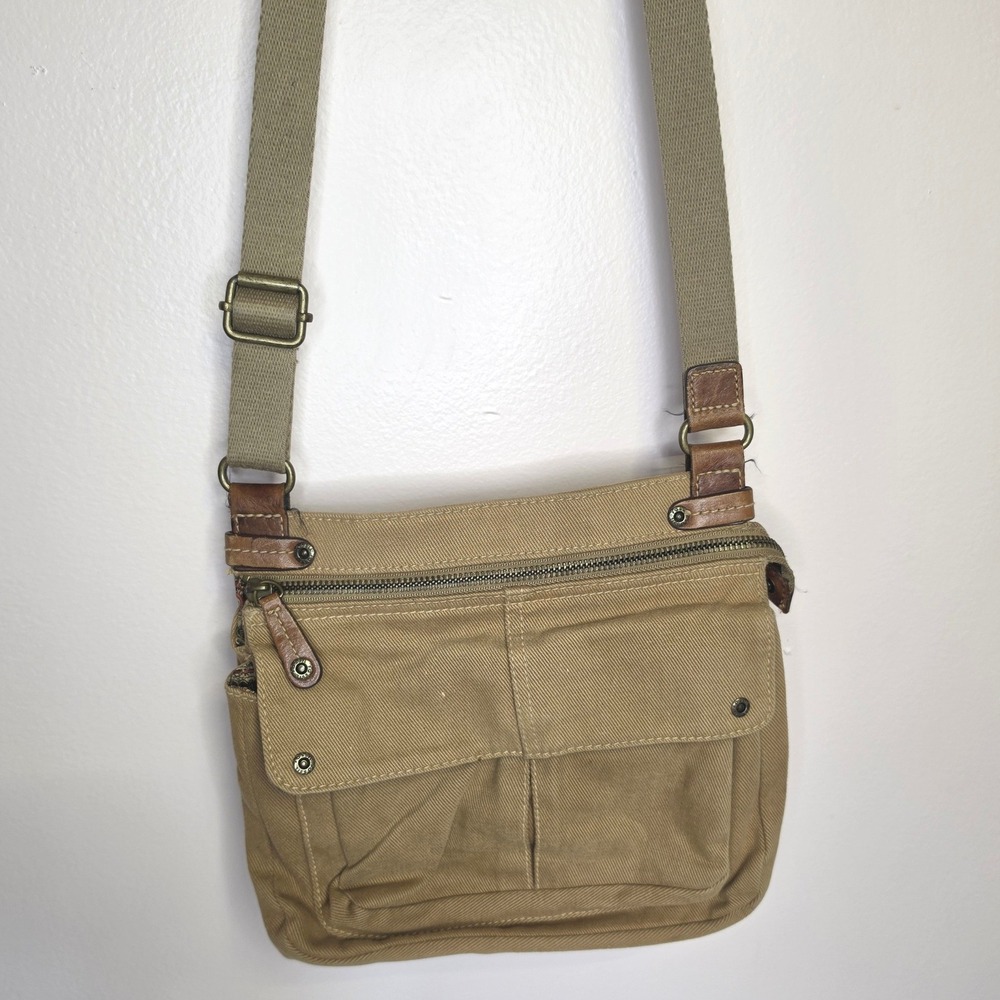 Fossil Y2K Gorpcore Utilitarian Canvas Crossbody Bag Small Tan Pocket Purse Boho